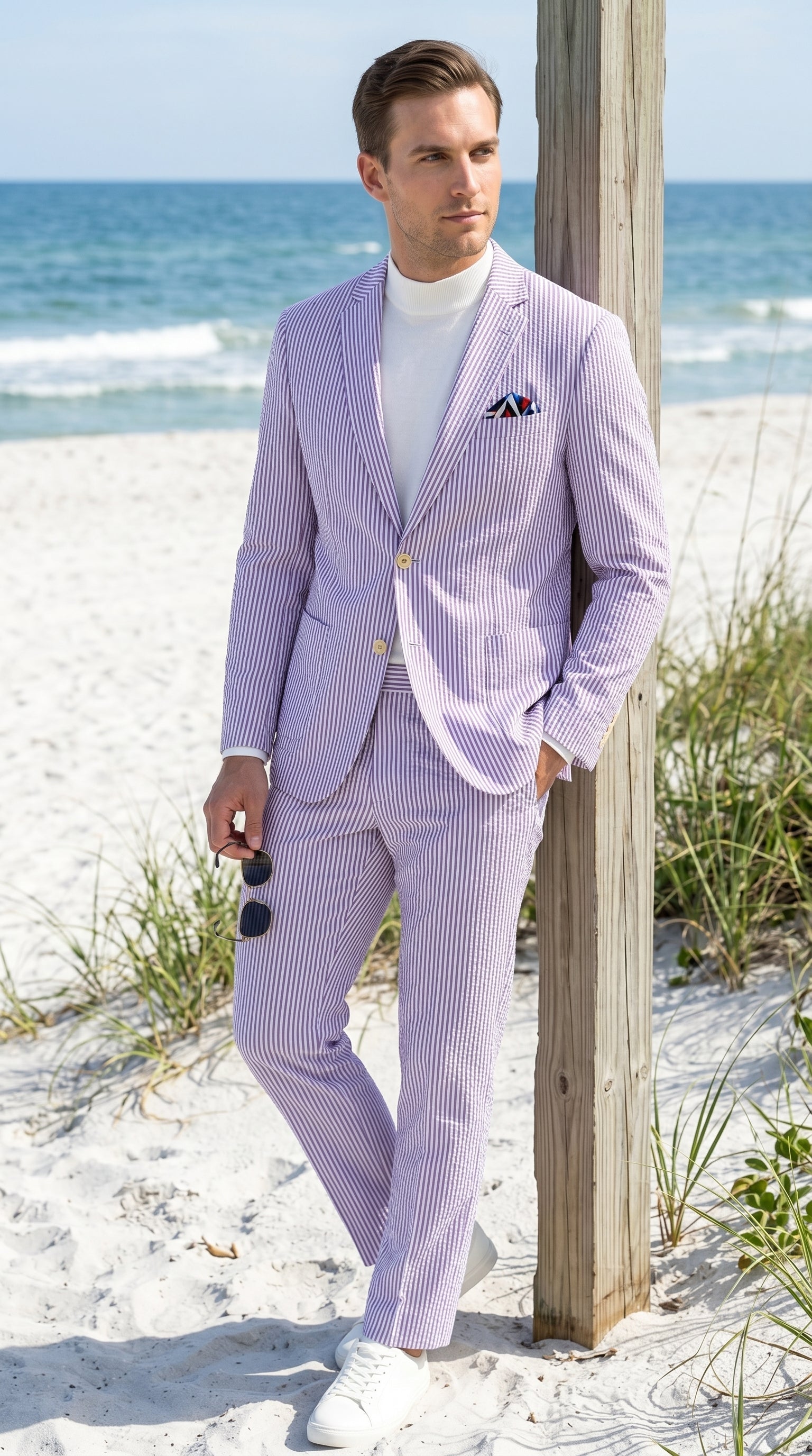 Men’s Lavender Seersucker 2 Piece Suit, Lightweight Summer Blazer and Pants Set for Weddings, Parties, Prom, and summer fabric - 34 Short or Extra Small