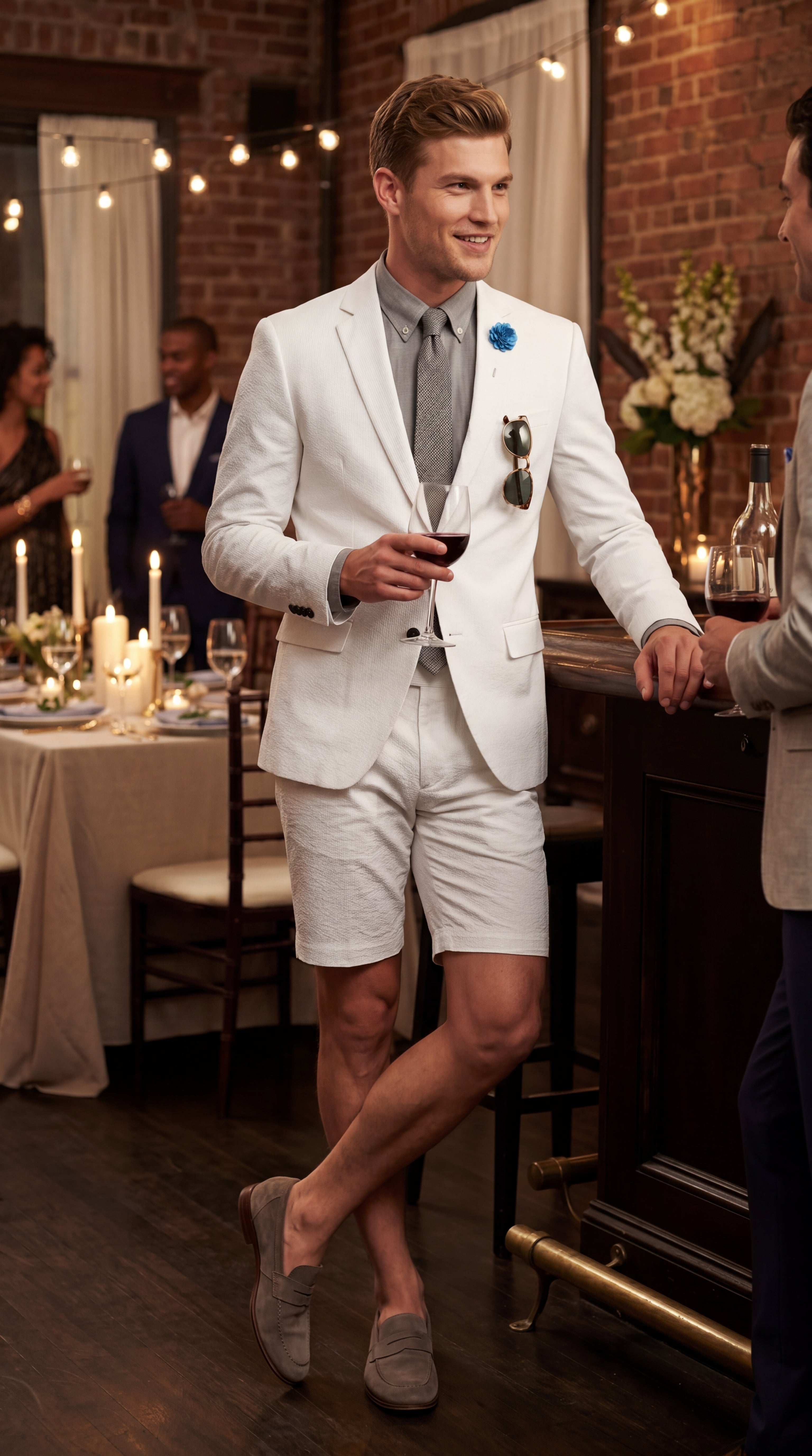 Men’s Cotton Fabric White 2 Piece Summer Suit with Shorts, Casual Beach Wedding and Resort Formal Outfit - 34 Short or Extra Small