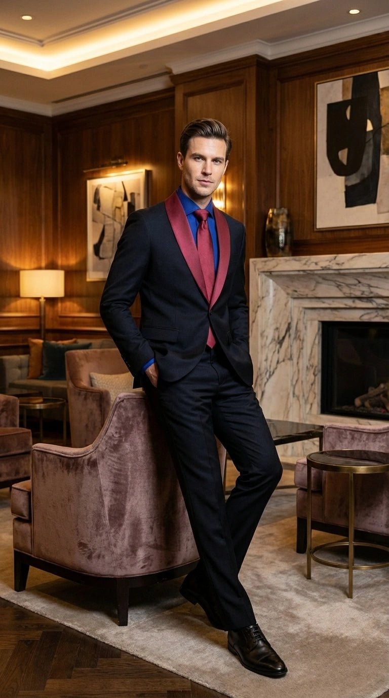 Men’s Black Suit with Burgundy Shawl Lapel –  Formal Tuxedo Suit for Wedding, Prom and Evening Events + Bowtie & Tie - 34 Short or Extra Small