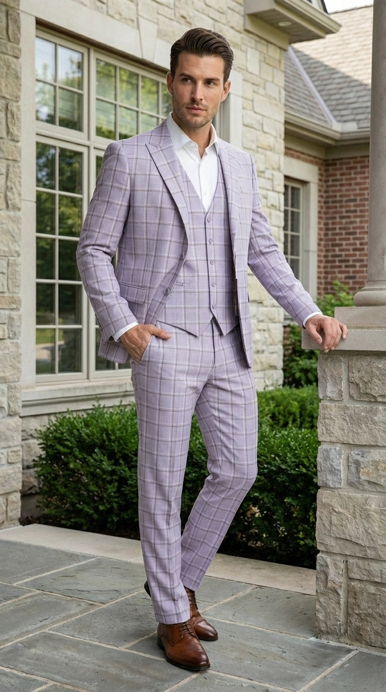 Men’s Lilac Lavender Windowpane Check 3 Piece Suit – Lilac Plaid Formal Suit with Vest for Wedding, Prom and Business Events - 34 Short or Extra Small