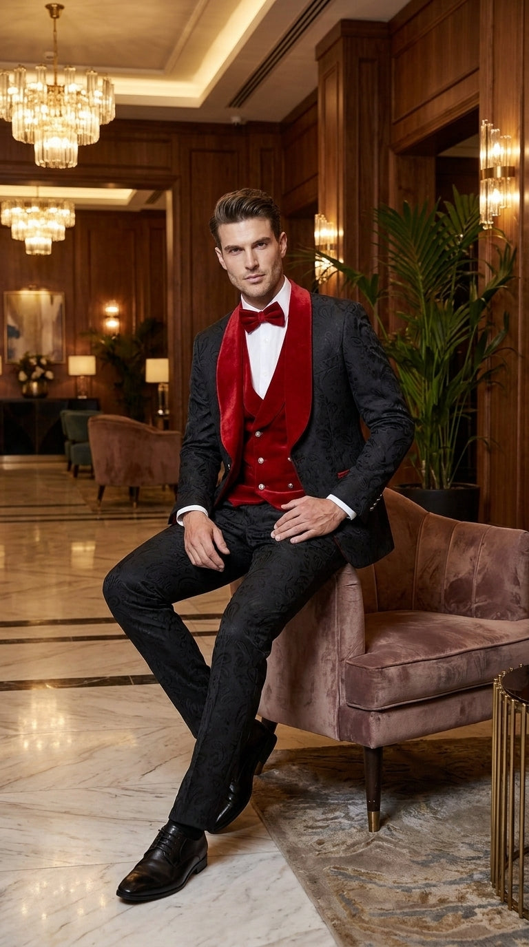 Men’s Black Paisley Tuxedo with Red Velvet Shawl Lapel – 3 Piece Wedding Prom Suit With Matching Bowtie - 34 Short or Extra Small