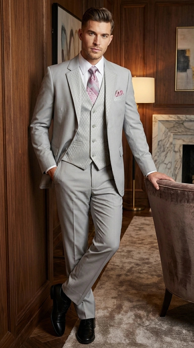 Men’s Light Gray 3 Piece Suit – Ice Silver Gray Formal Suit Set with Vest, Patterned Lapel and Tie for Wedding, Prom and Business Events - 34 Short or Extra Small