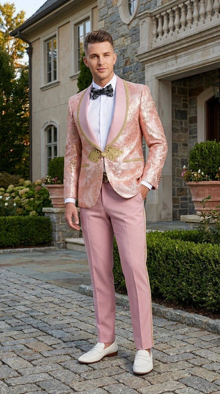 Men’s Rose Gold Pink Prom Tuxedo Suit – Slim Fit Paisley Pattern Formal Tuxedo Suit for Prom, Wedding and Special Events - 34 Short or Extra Small