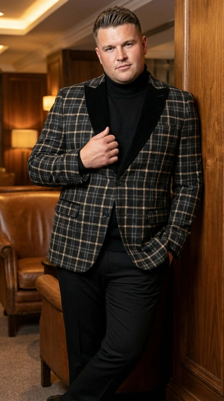 Mens Tartan Black and Gold Check Blazer – Windowpane Plaid Sport Coat Velvet Lapel Formal Party Jacket Chirsitmas New Year Holiday Jacket - 36 Short