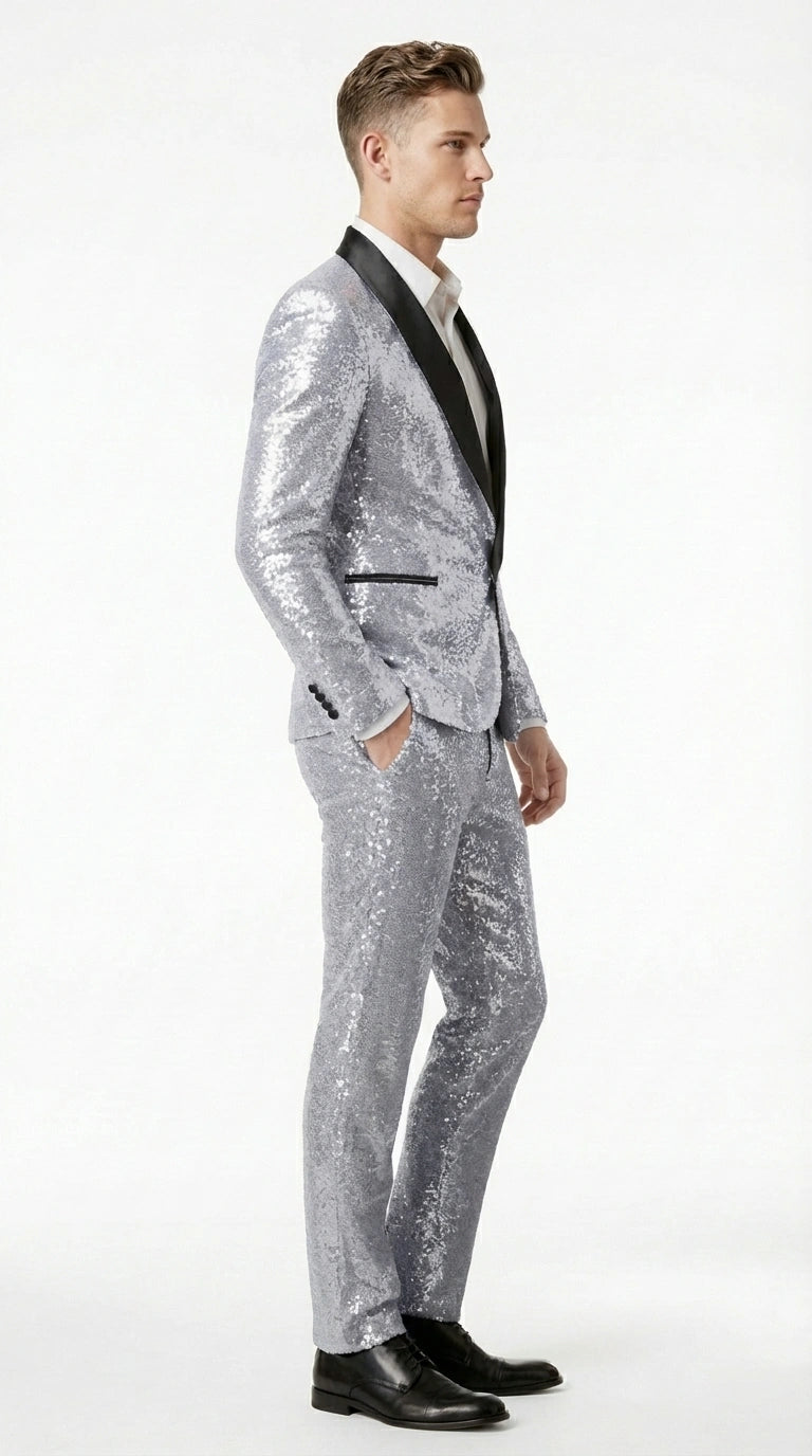 Mens Silver Grey Sequin Tuxedo Suit – Shiny Wedding Suit Set with Black Lapel for Prom, Party, Gala and Formal Evening Wear - 34 Short or Extra Small
