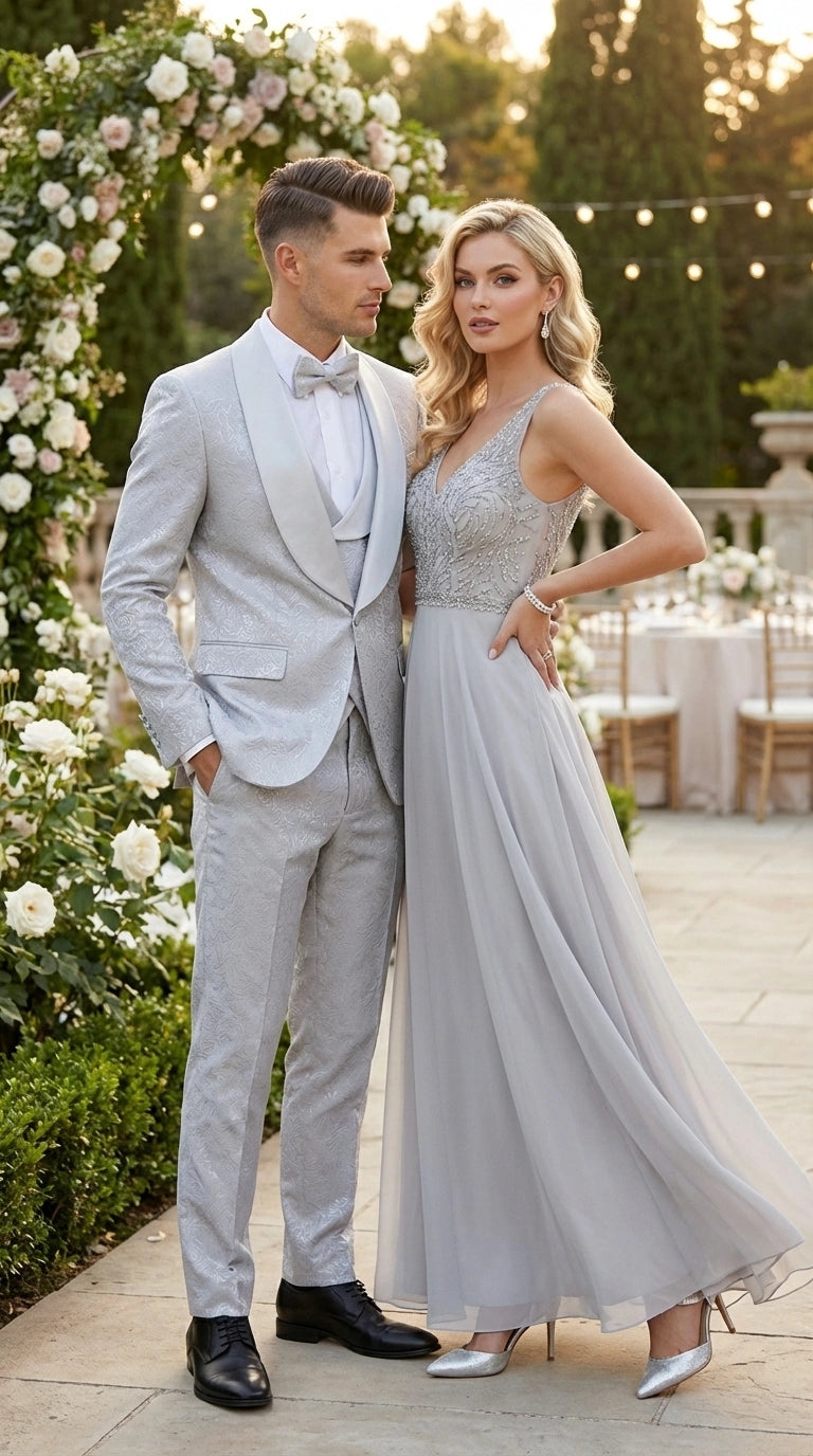 Mens Light Silver Wedding Tuxedo Suit – Paisley Fabric Three Piece Formal Suit Set with Shawl Lapel for Groom, Prom, Gala and ice Grey - 34 Short or Extra Small