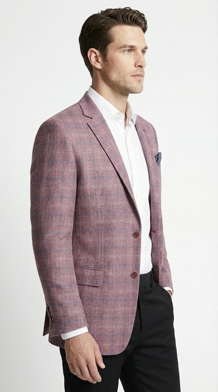 Mens Dusty Rose Mauve Pink with Tint of Blue Plaid Sport Coat Blazer – Classic Check Pattern Casual Blazer Jacket for Business Casual, Wedding - 36 Short