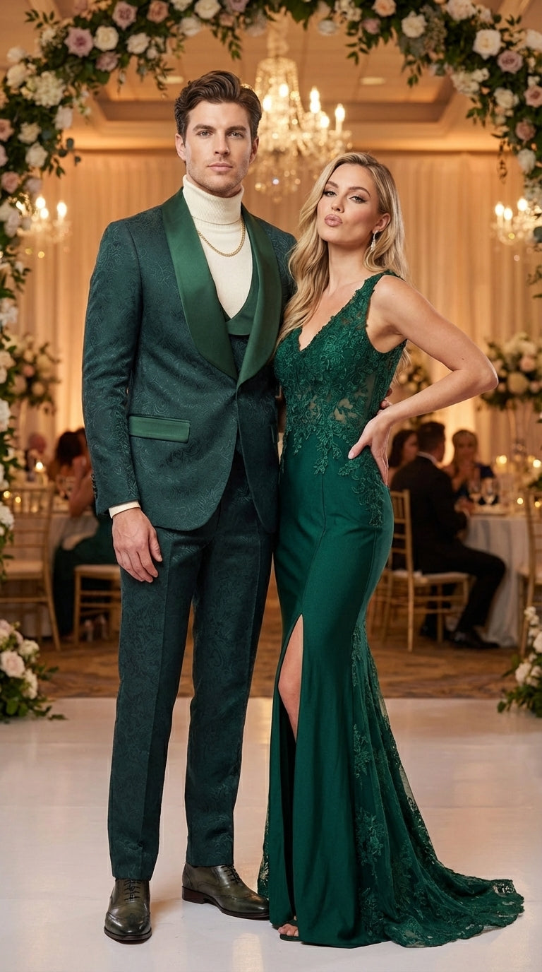Mens Hunter Green Wedding Tuxedo Suit – Paisley Pattern Three Piece Formal Suit Set with Shawl Lapel for Groom, Prom in Emerald green - 34 Short or Extra Small
