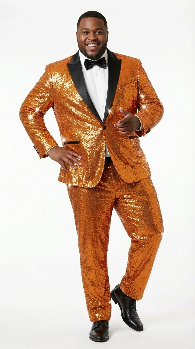 Mens Orange Sequin Tuxedo Suit – Shiny Wedding Suit Set with Black Lapel for Prom, Party, Gala and Formal Evening Wear - Goldish Orange - 34 Short or Extra Small
