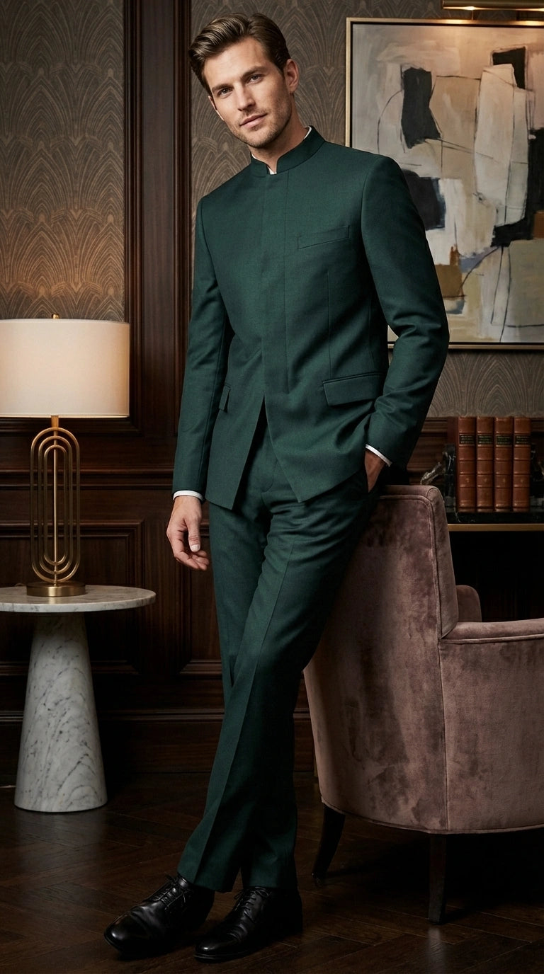 Men’s Olive Green Tuxedo Mandarin Collar Suit – Modern Nehru Style Formal Suit for Wedding Banded Collar - 34 Short or Extra Small