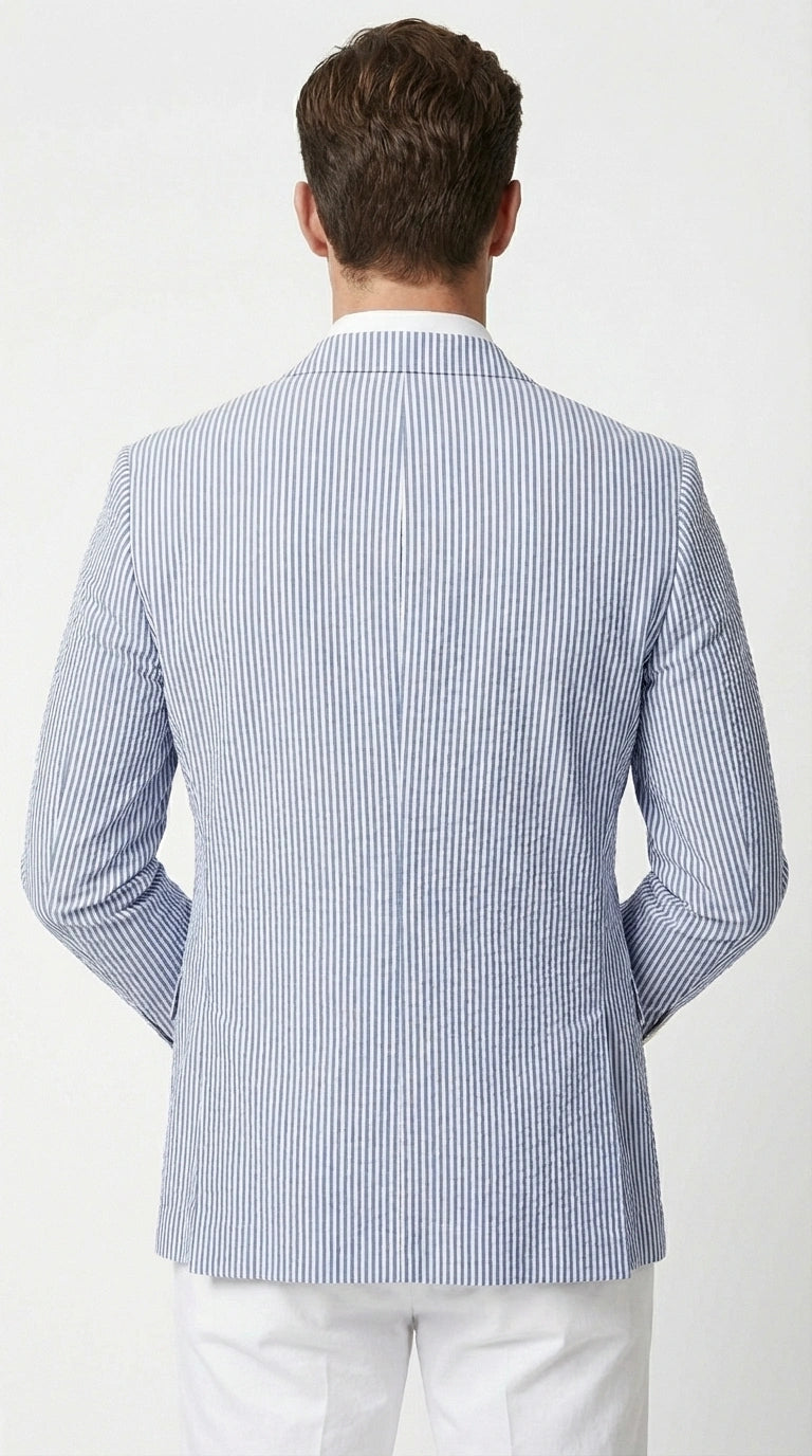 Mens Blue Seersucker Blazer – Lightweight Striped Summer Sport Coat Casual Smart Formal Jacket - 36 Short