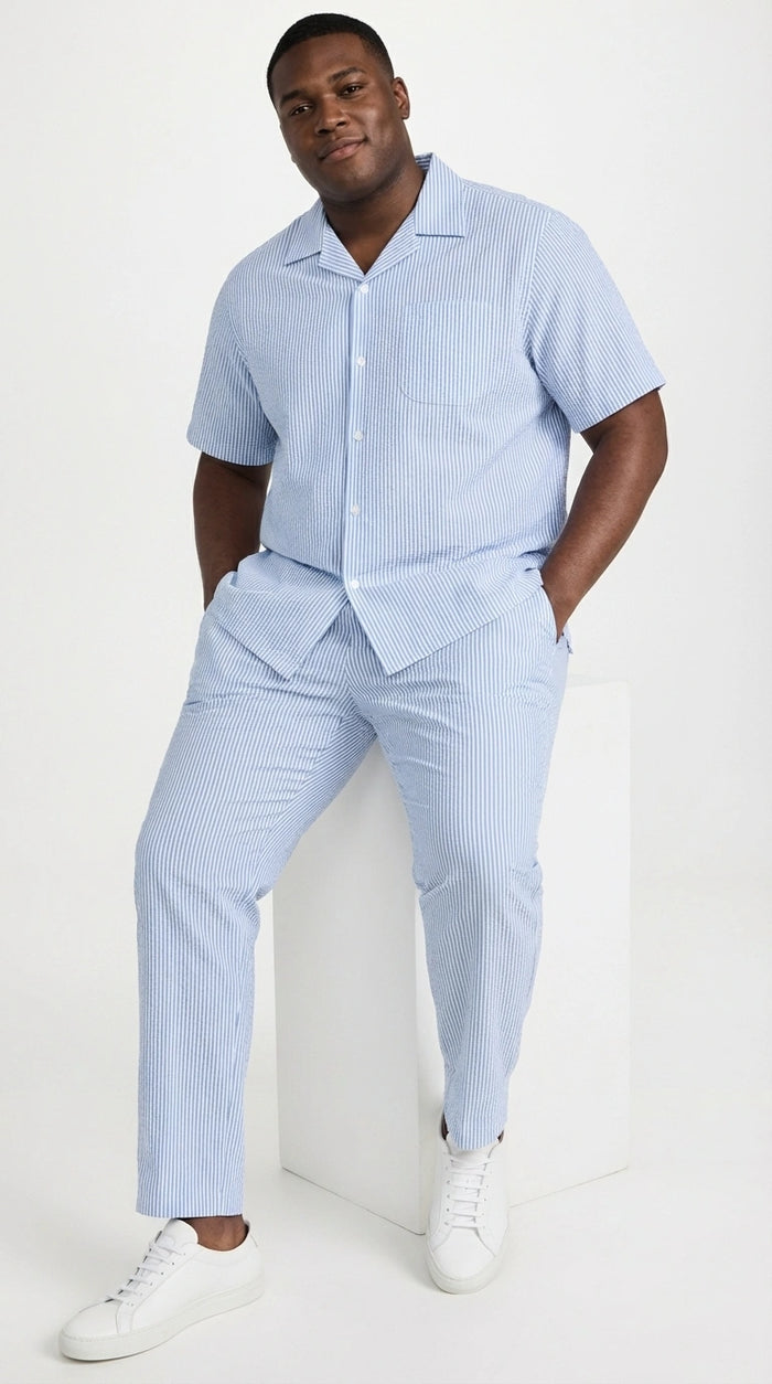 Mens Light Blue Seersucker Walking Suit Set – Casual Summer Short Sleeve Outfit with Matching Pants Lightweight Two Piece Set