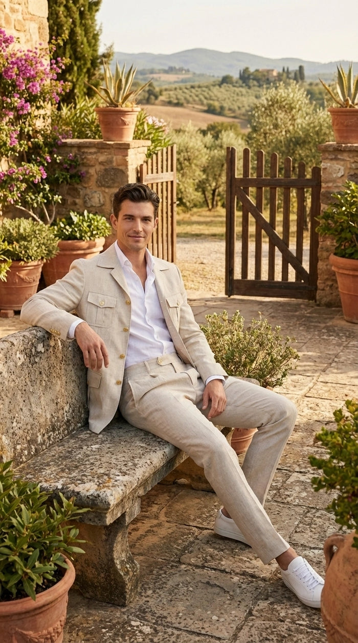 Mens Tan Beige Safari Military Walking Suit Set – Casual Two Piece Outfit Lightweight Summer Blazer and Pants Set Classic Casual Wear