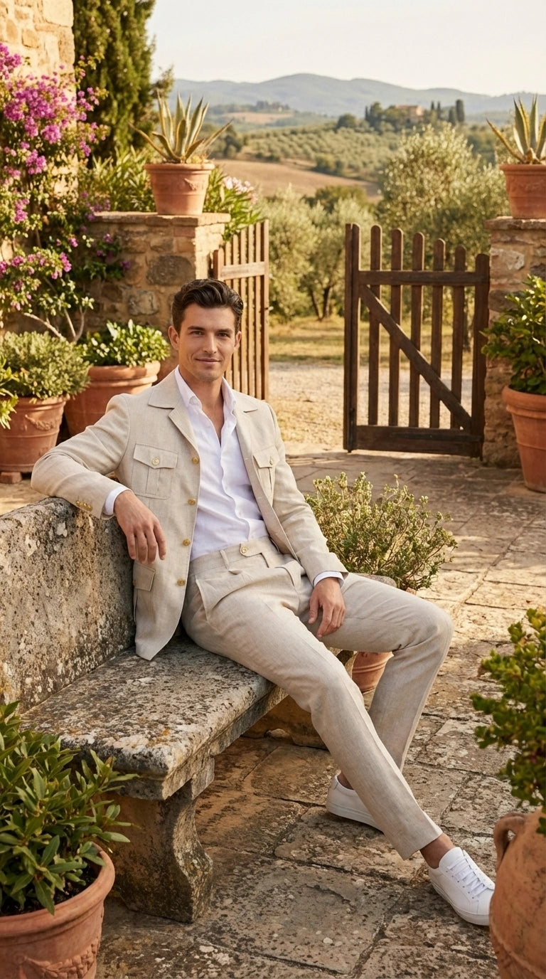 Mens Tan Beige Safari Military Walking Suit Set – Casual Two Piece Outfit Lightweight Summer Blazer and Pants Set Classic Casual Wear - 34 Short or Extra Small