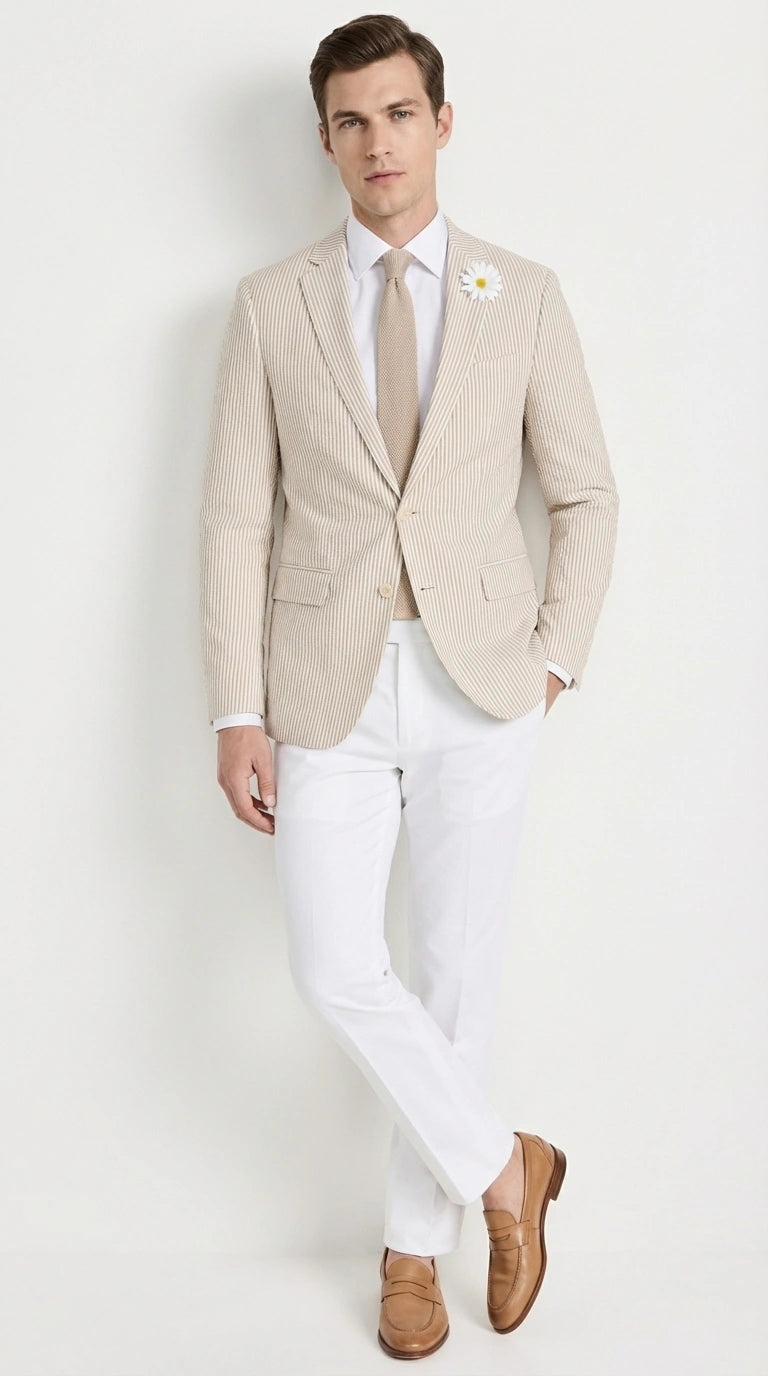 Mens Beige Seersucker Blazer – Lightweight Striped Summer Sport Coat Casual Smart Formal Jacket - 36 Short
