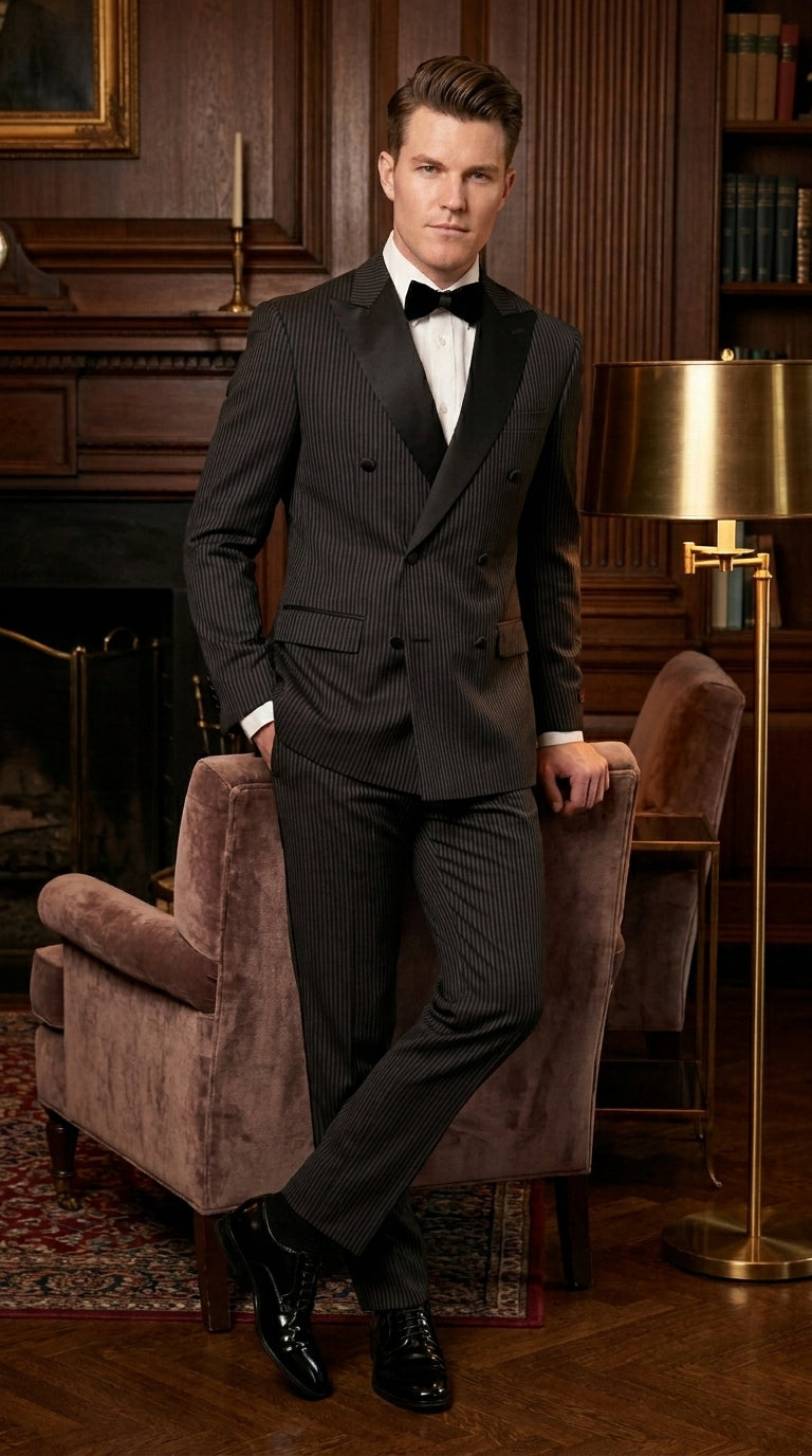 Men’s Double Breasted Suit – Classic Peak Lapel Formal Tuxedo Style Suit for Wedding in Black Ton on Tone Pinstripe - 34 Short or Extra Small