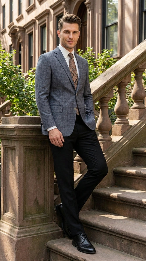 Mens Charcoal Gray Windowpane Check Blazer Classic Two Button Formal Sport Coat Jacket
