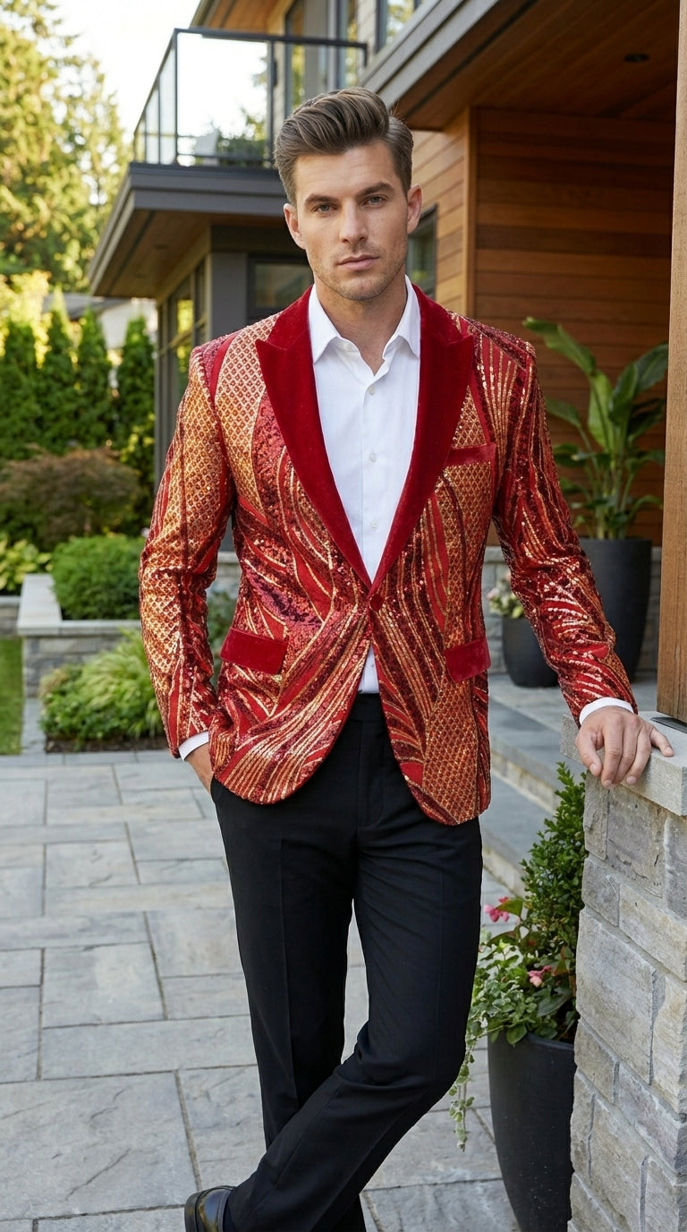 Men’s Red and Gold Sequin Christmas Holiday Blazer – Luxury Party Jacket for New Year, Wedding and Festive Events - 36 Short