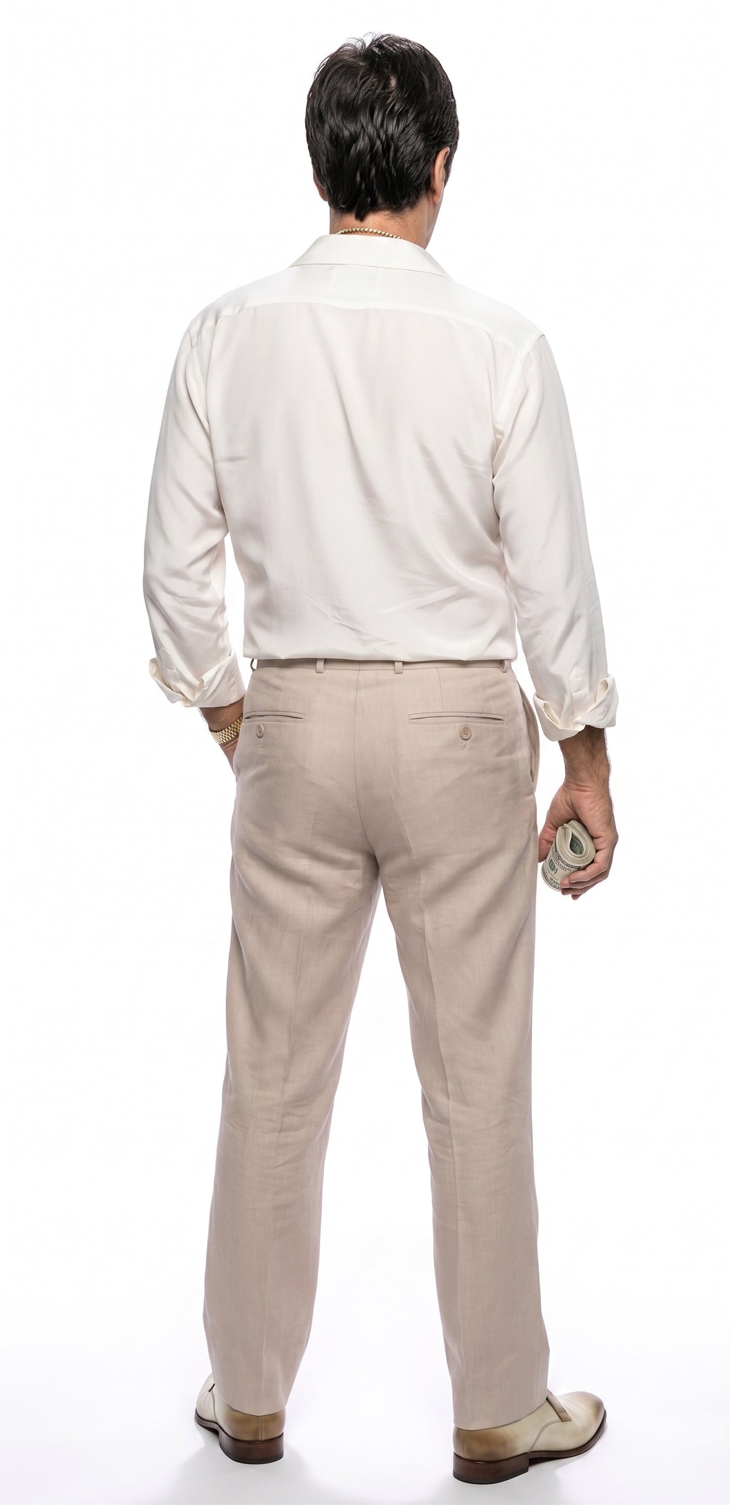 white dress shirt with khaki pants Men's Tony Montana’s White Linen Shirt And Tan Pants – Formal With Trousers Party, Wedding Vintage Style Outfit 15.5” Neck / 32-33” Sleeve White And