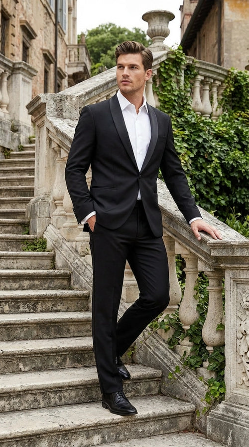Tiglio Designer Mens Black Single Button Tuxedo Suit Formal Black Business and Wedding Suit Shawl Collar  Super 150's Wool Fabric