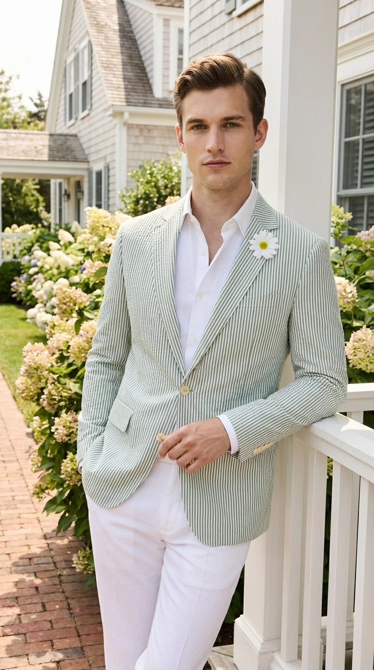 Mens Sage Green Seersucker Blazer – Lightweight Striped Summer Sport Coat Casual Smart Formal Jacket - 36 Short