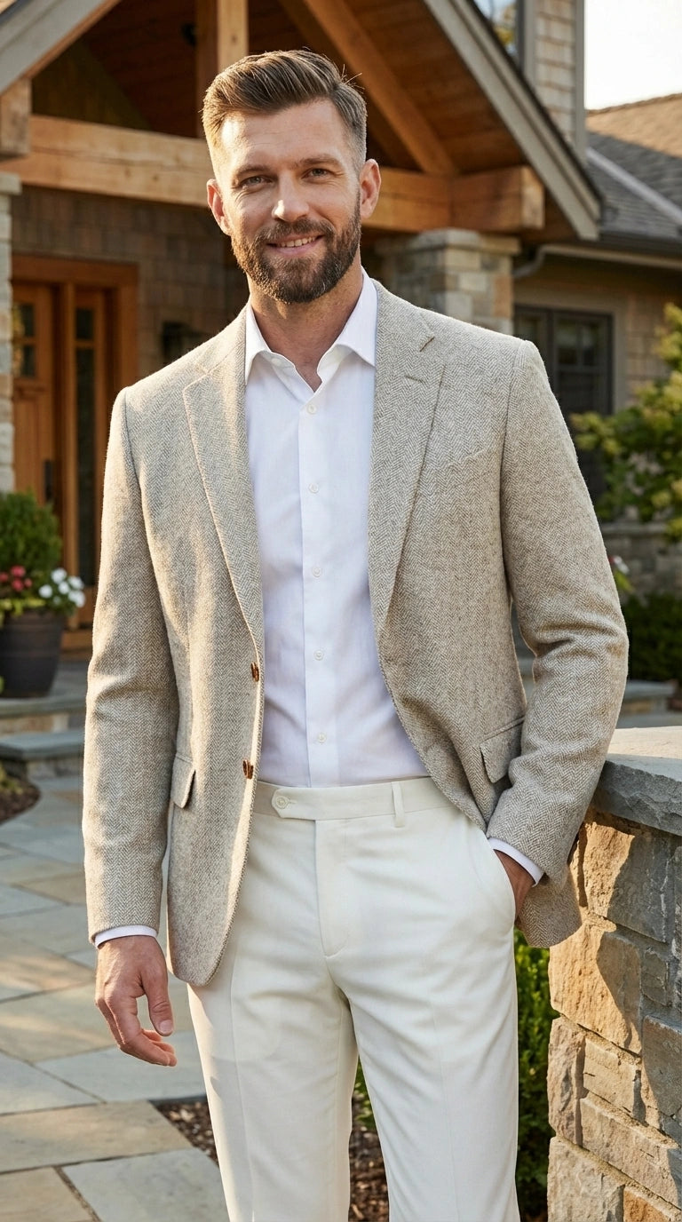 Men’s Light Tan Tweed Blazer – Classic Herringbone Sport Coat, Beige Casual Formal Jacket, Vintage Style Business & Smart Casual Wear - 36 Short