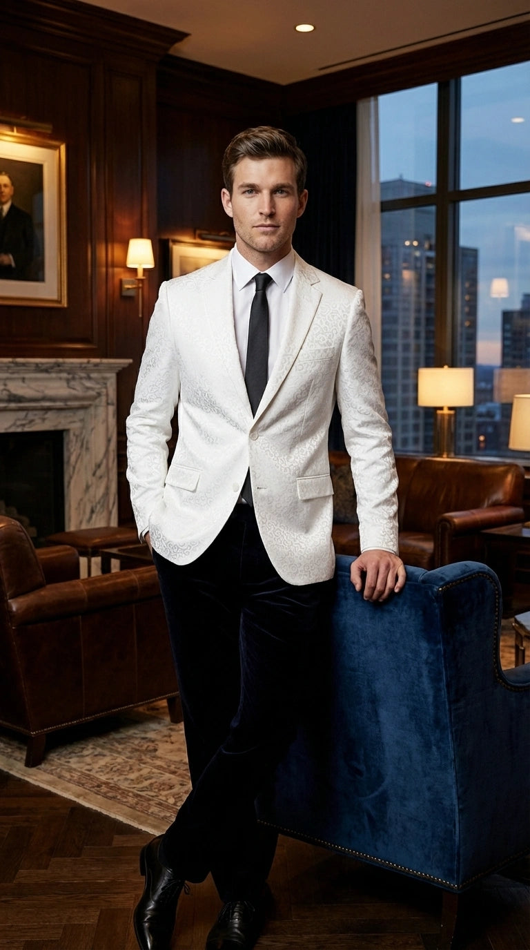 Men’s White Disco Blazer 1980s Sequin Style Jacket – Lapel Collar Party Blazer, Formal Evening Wear, Halloween Masquerade Club Outfit - 36 Short