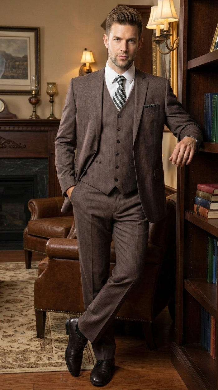 Men’s Brown Sharkskin 3 Piece Suit – Textured Two Button Vested Business Formal Suit for Wedding, Party Wear Vested