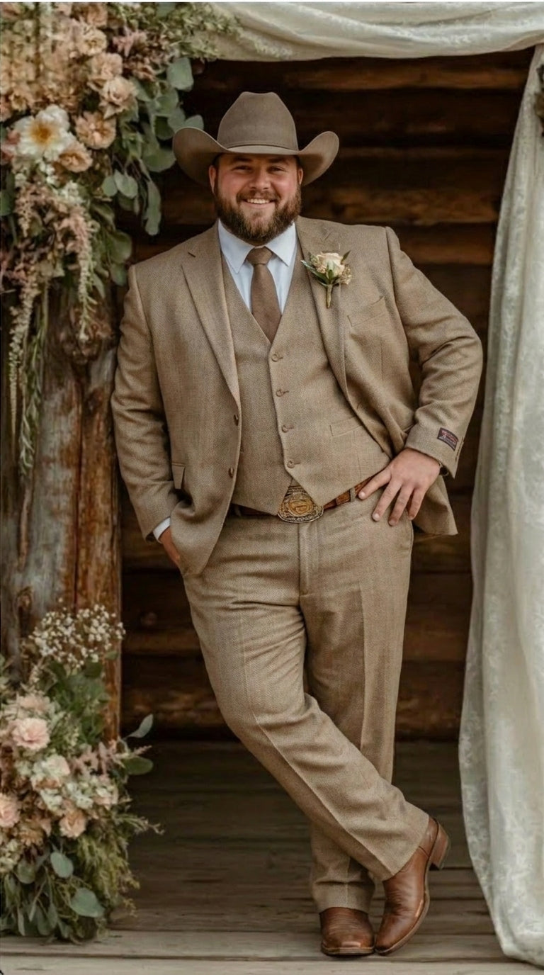 Mens Sharkskin Dark Taupe Tan with sheen Western 3 Piece Suit – Classic Country Style Blazer Vest Pants Set, Formal Cowboy Suit Outfit - 34 Short or Extra Small
