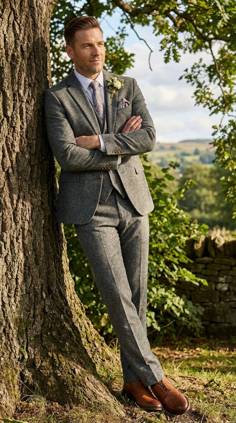 Men’s Peaky Blinder Light Grey Tweed Suit with Vest – Classic Three Piece Formal Suit, Vintage Wedding Business Outfit - 34 Short or Extra Small