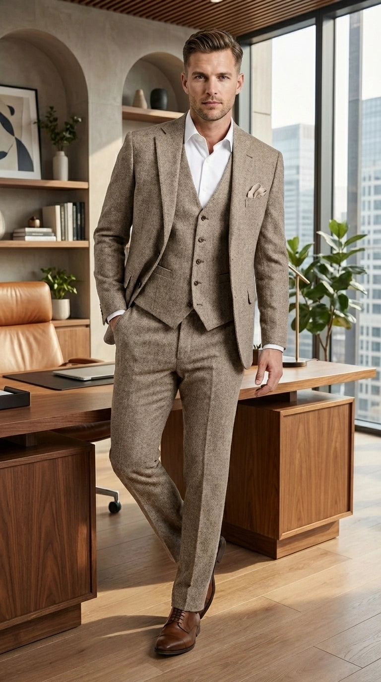 Men’s Light Beige Herringbone Tweed Suit with Vest – Classic Three Piece Formal Suit, Vintage Business Wedding Outfit, Elegant Smart Casual Wear - 34 Short or Extra Small