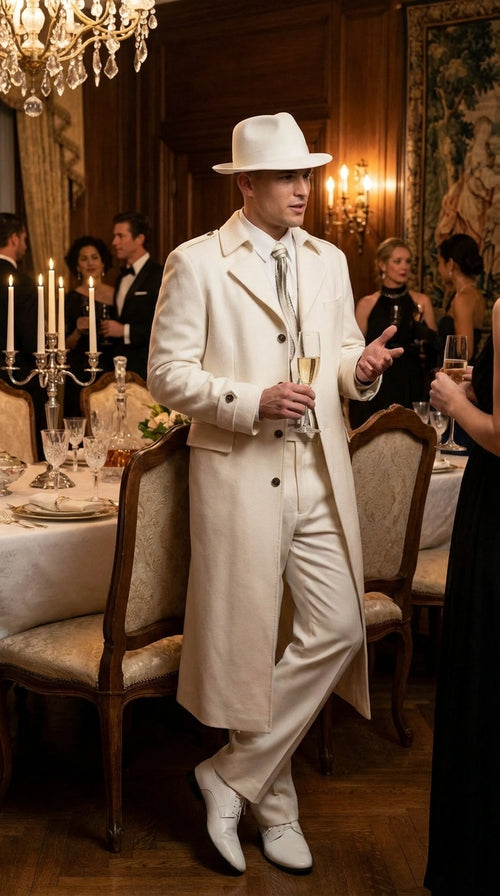 Men’s Ivory Cream Off White  Full Length Zoot Suit – Vintage Gangster Style Long Coat Formal Suit
