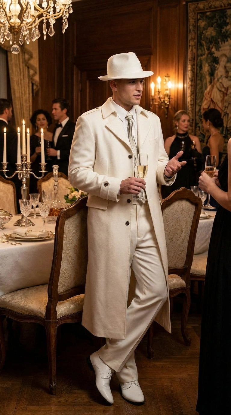 Men’s Ivory Cream Off White  Full Length Zoot Suit – Vintage Gangster Style Long Coat Formal Suit - Coat Size 38