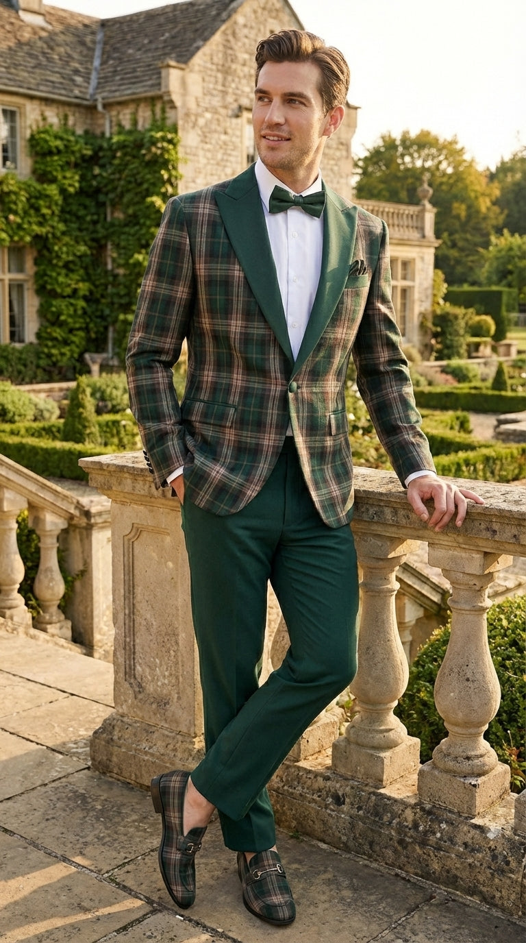 Mens Tartan Green and Brown Blue Plaid Tuxedo Dinner Jacket Set – Checkered Prom Blazer with Dark Green Pants Formal Wedding Party Wear - 36 Short