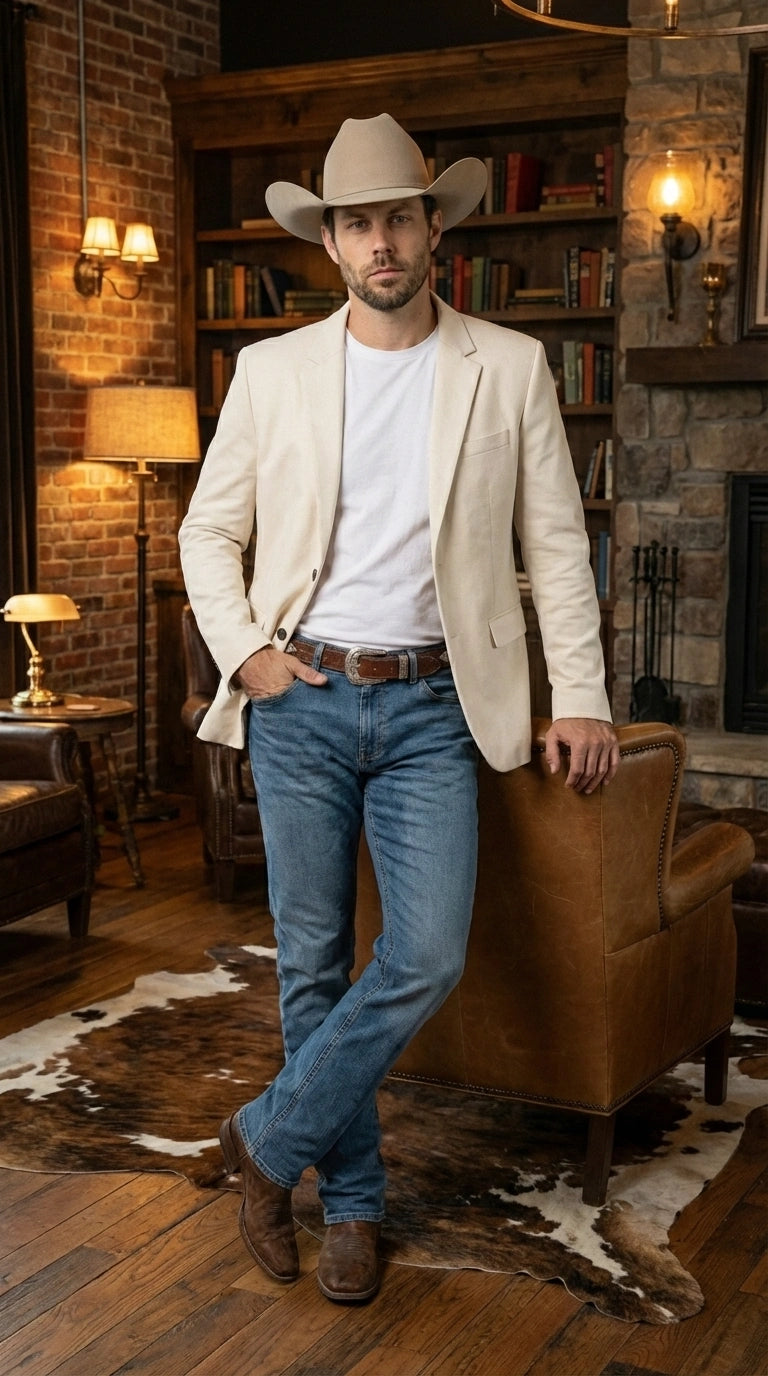 Men’s Off White Casual Blazer – Classic Western Style Lightweight Summer Cowboy Jacket Casual Ivory Cream Color - 36 Short