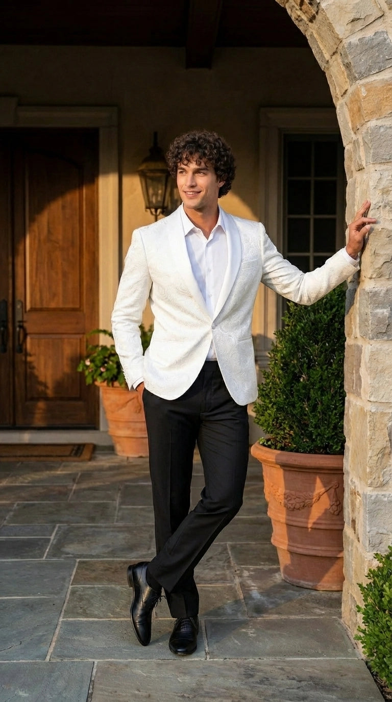 Men’s White Paisley Disco Blazer 1980s Style Jacket – Shawl Lapel Formal Party Blazer, Elegant Masquerade Club Wear, Stylish Evening Outfit - 36 Short