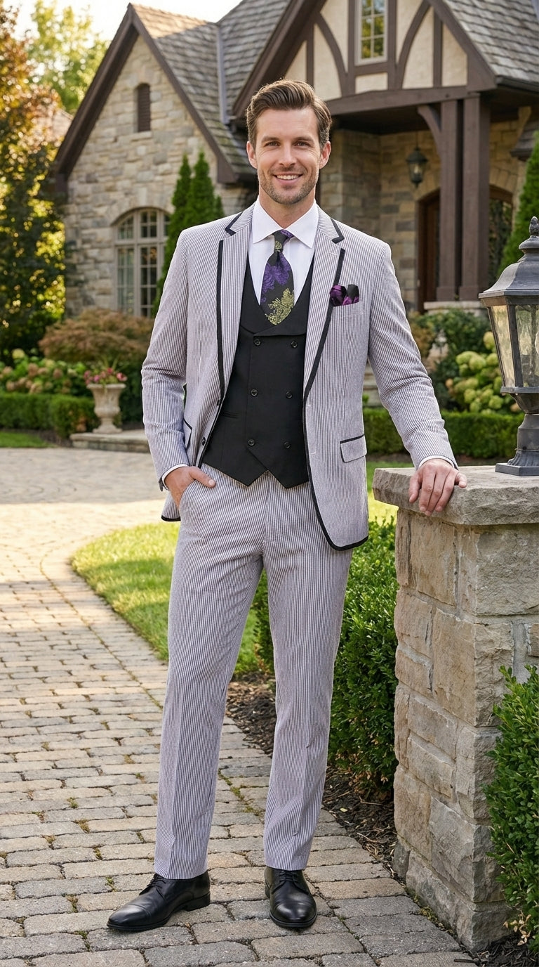 Mens Black and White Pinstripe Wedding Tuxedo Suit – Three Piece Formal Suit Set with Contrast Trim for Groom, Prom - Seersucker Summer Suit - 34 Short or Extra Small