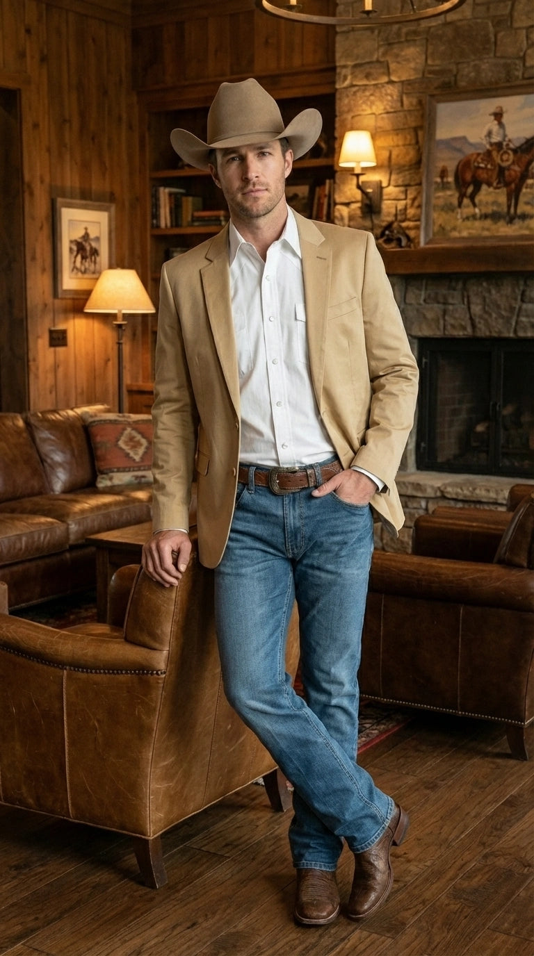 Men’s Tan Camel British khaki Western Blazer – Two Button Classic Casual Sport Coat - Cowboy Country Coat - 36 Short