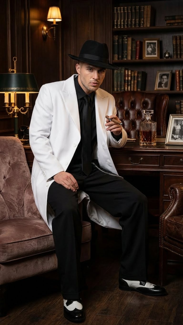 Men’s White Zoot Suit Gangster Style Outfit –  White Jacket + Vest + Pants + Shirt & Tie  Combo Package - 34 Short or Extra Small