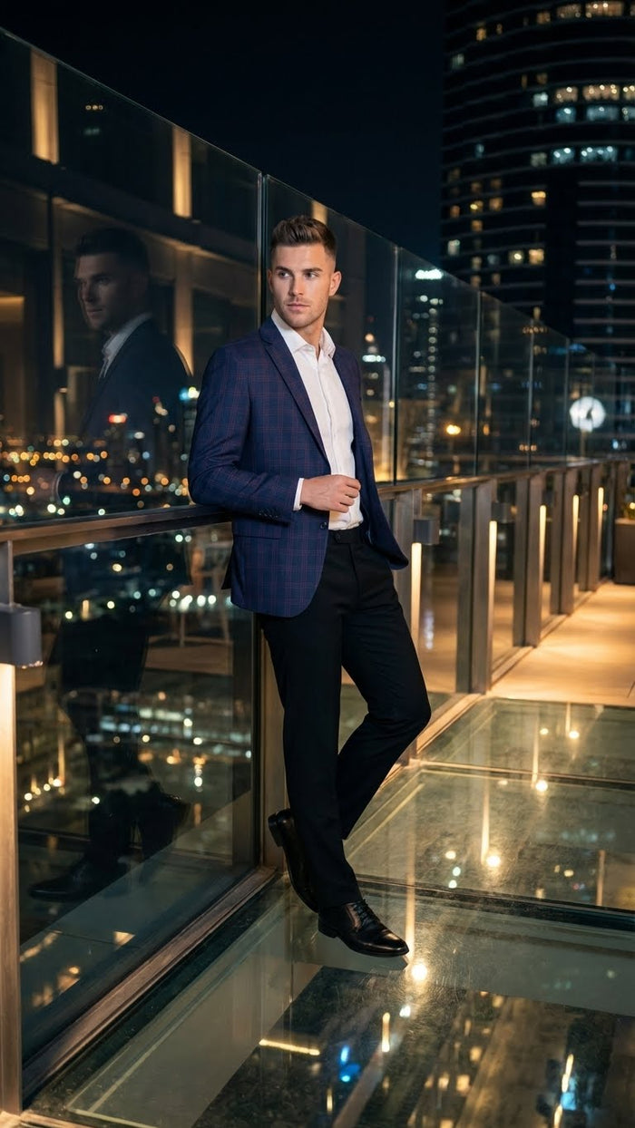 Mens Big and Tall Navy Blue with Burgundy Plaid Jacket and Sport Coat Wool Blazer