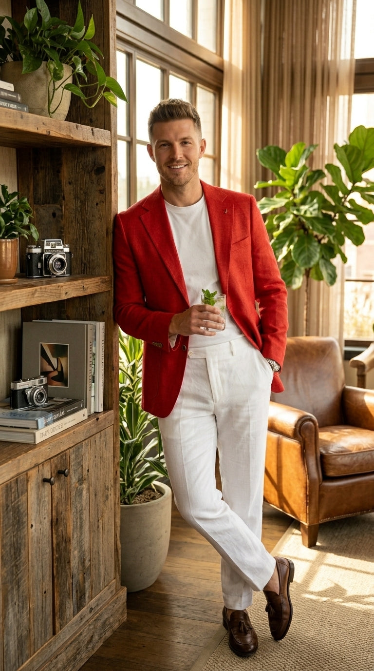 Men’s Red Linen Blazer, Lightweight Business Casual Wedding Sport Coat Jacket - 36 Short