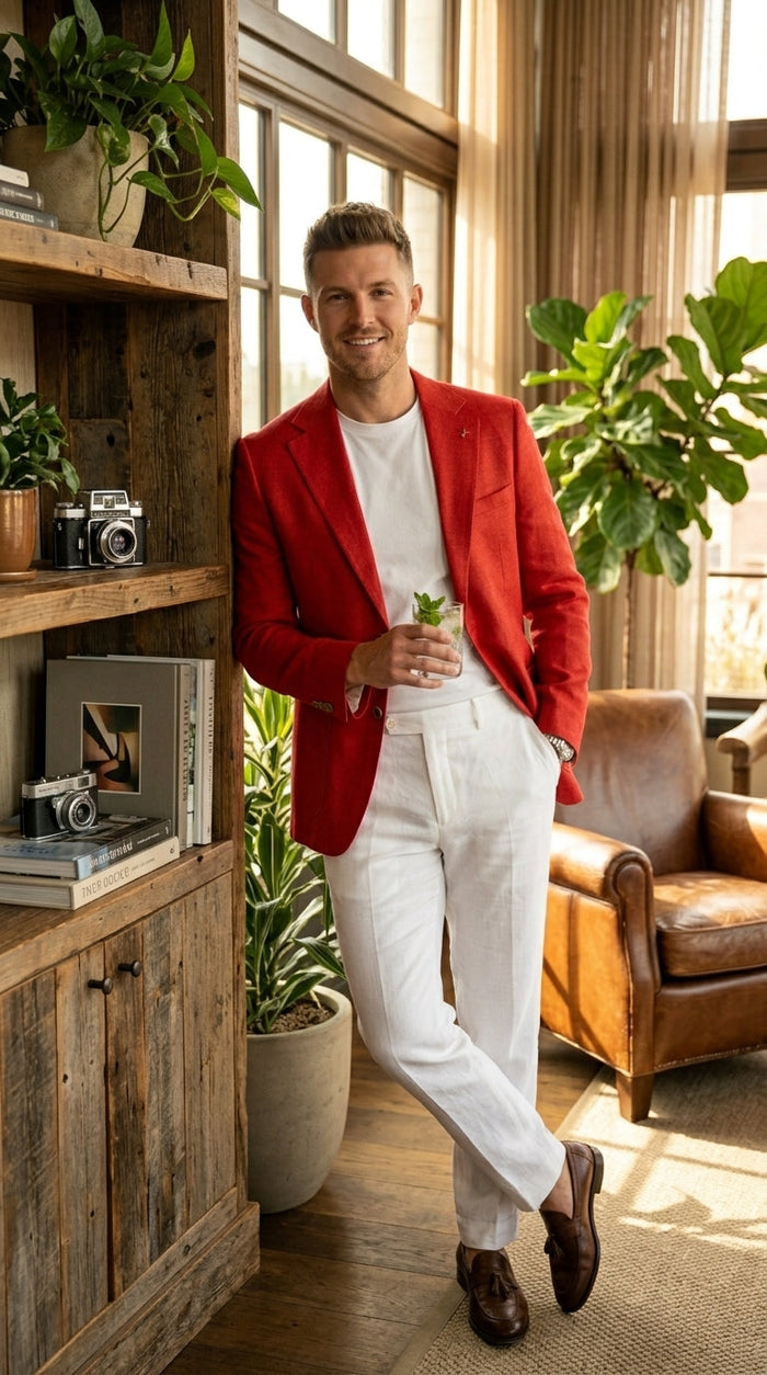 Men’s Red Linen Blazer, Lightweight Business Casual Wedding Sport Coat Jacket