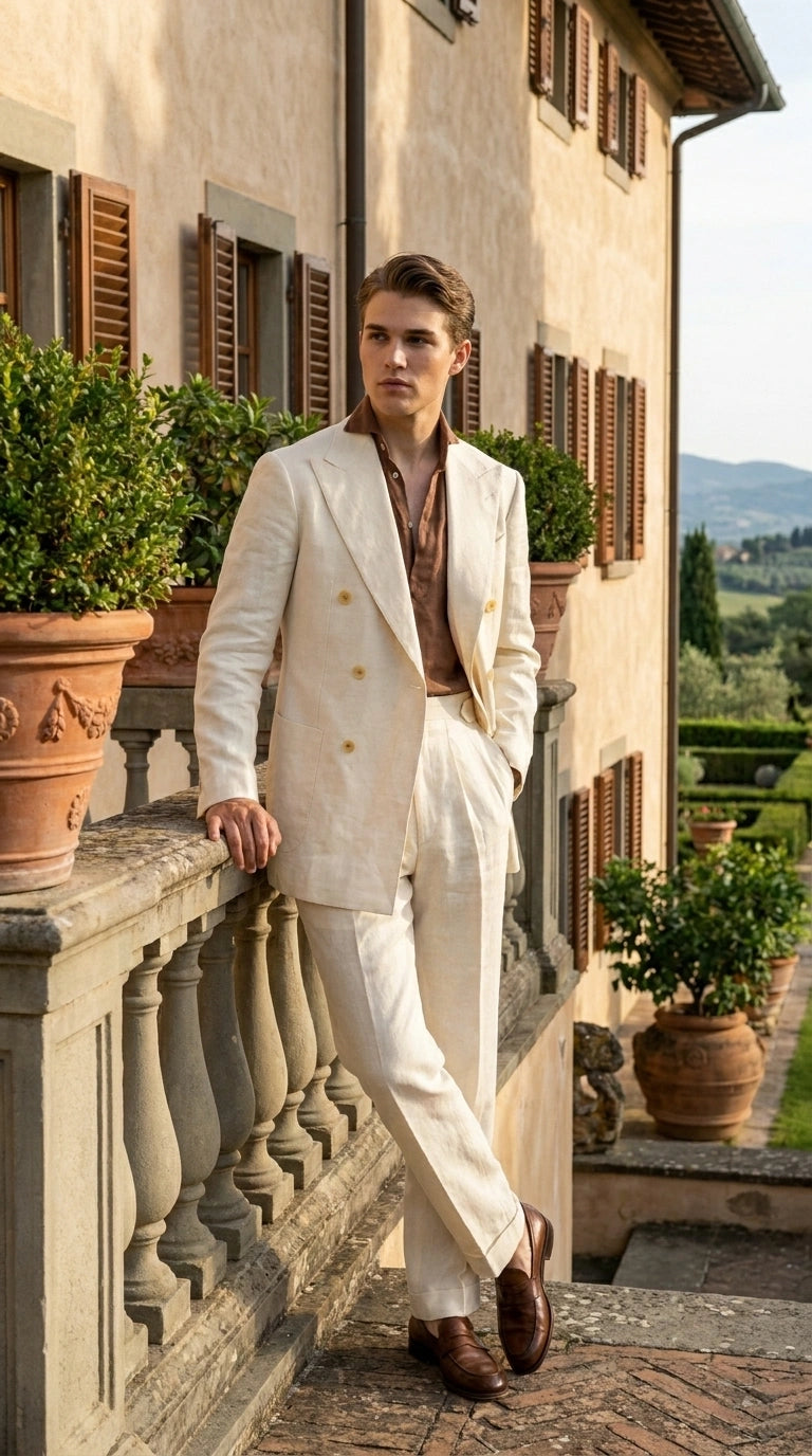 Men’s Off White 70s Style Double Breasted Suit – Vintage Retro Wide Lapel Classic Outfit for Party, Wedding and Casual Fashion Wear - 34 Short or Extra Small