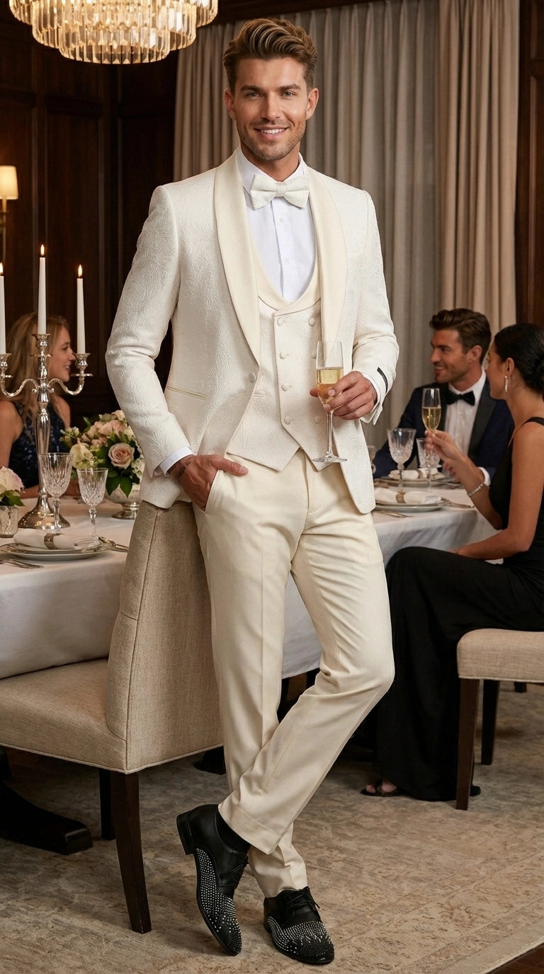 Men’s Ivory Paisley Tuxedo Suit 3 Piece – One Button Vested Satin Formal Suit for Wedding in Off white Cream Color - 40