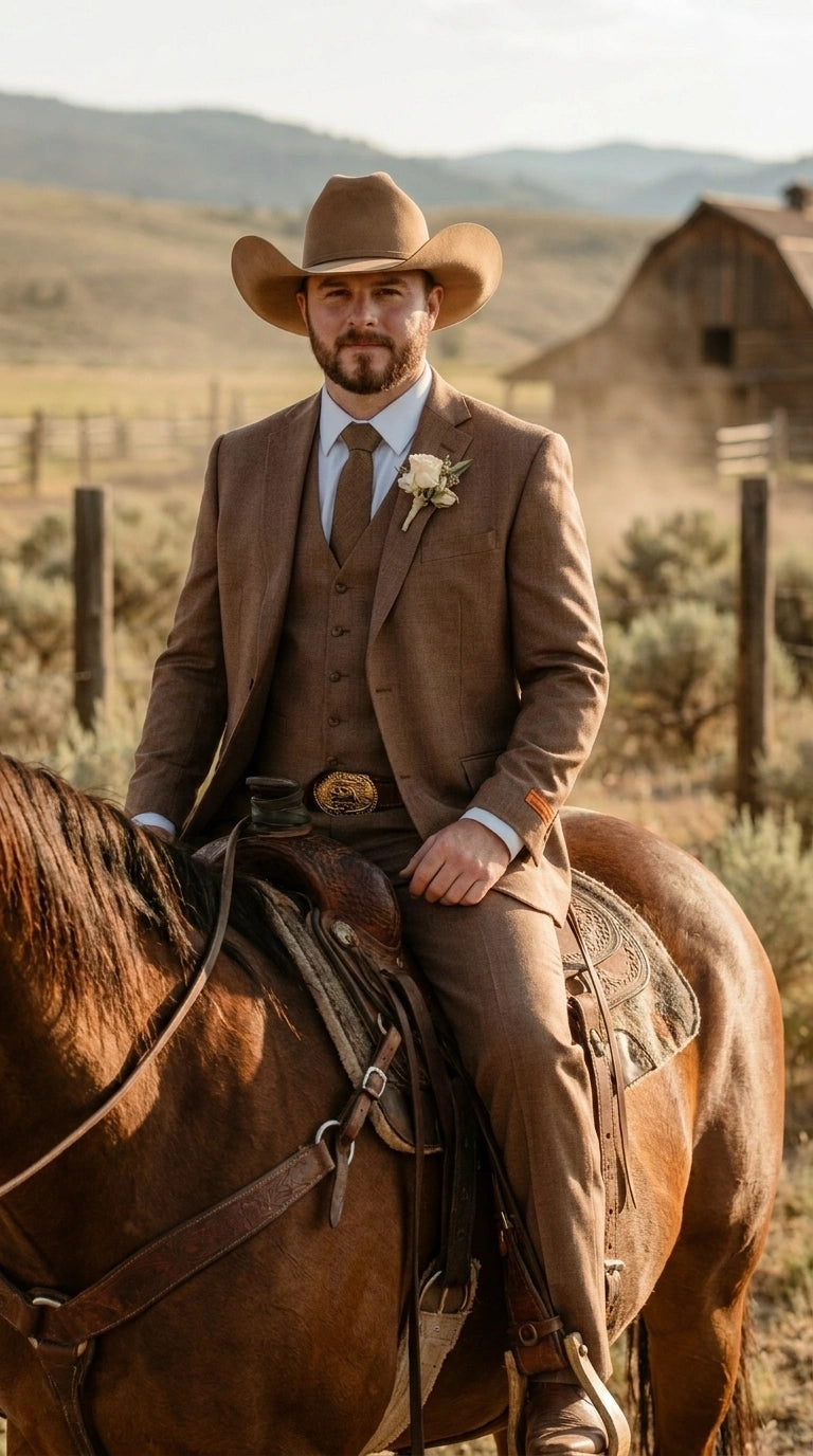 Men’s Light Brown Western 3 Piece Suit – Classic Country Style Blazer Vest Pants Set, Formal Cowboy Suit Toast - 34 Short or Extra Small