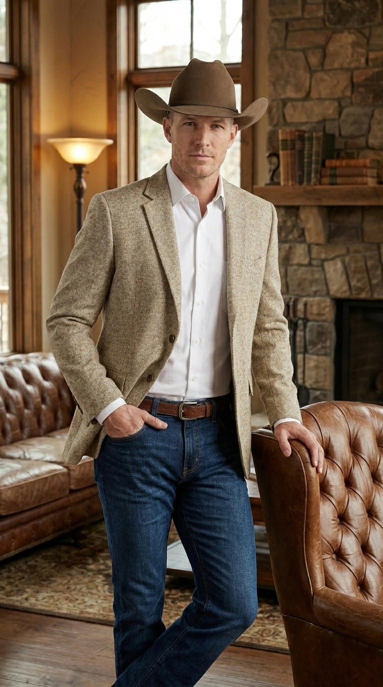 Men’s Light Tan Sand Tweed Cowboy Blazer – Country Style Western Jacket for Casual, Ranch, Saco Para Vaquero - 36 Short