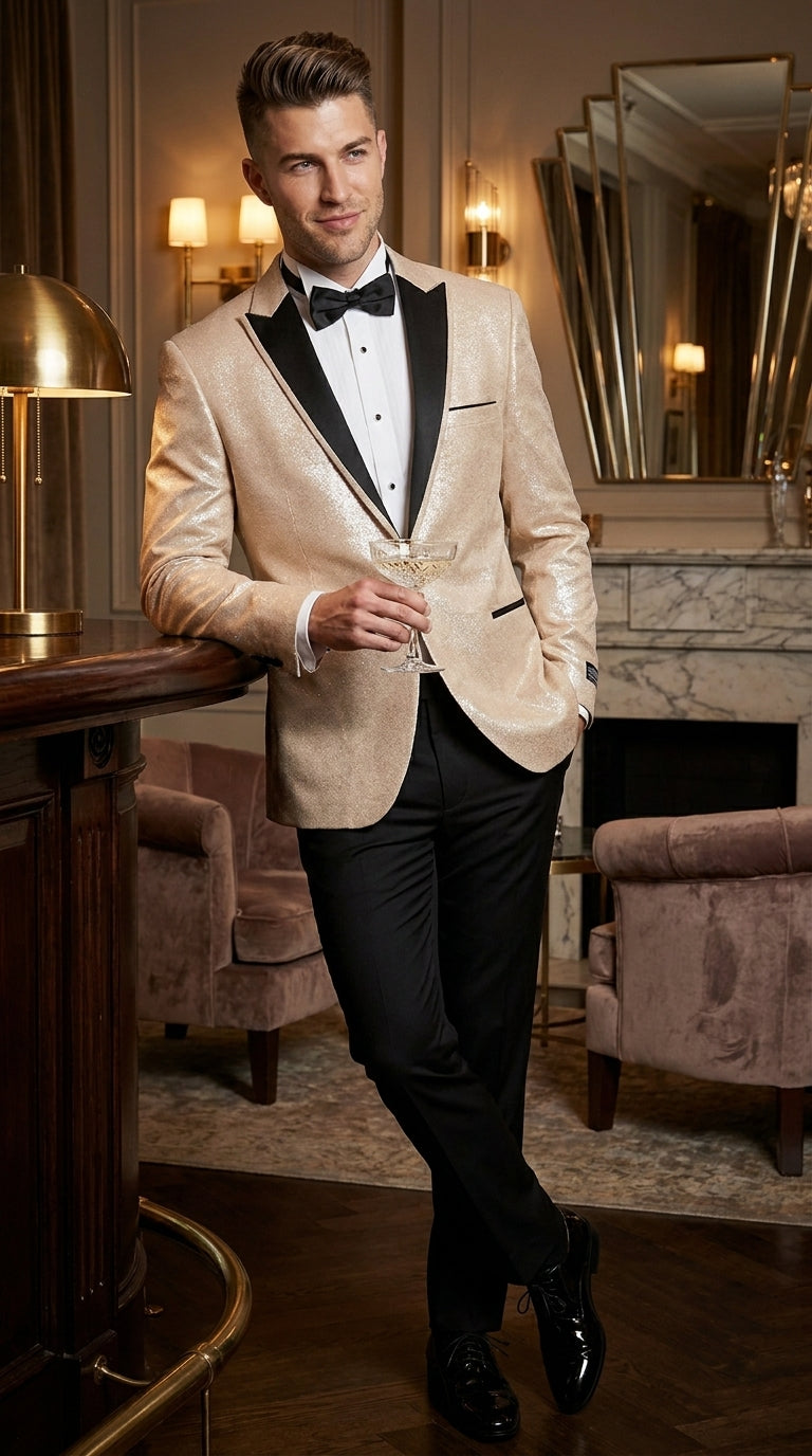 Men’s Gold Blazer with Black Lapel – Elegant Gold Formal Blazer Jacket for Wedding, Prom, Tuxedo in champagne Color - 36 Short
