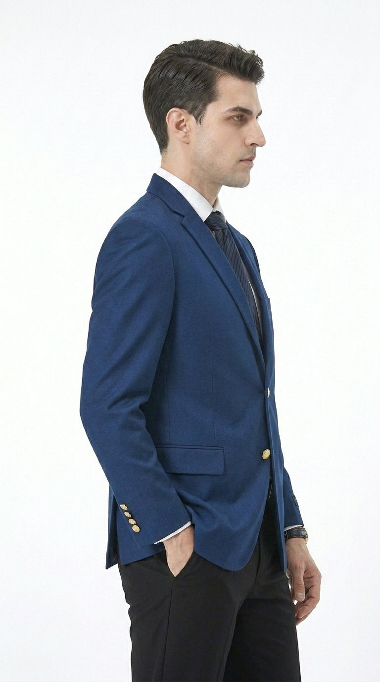 Men’s Sapphire Indigo Cobalt Blue Blazer with Gold Buttons – Classic Single Breasted Formal Business Jacket for Office, Wedding - 36 Short