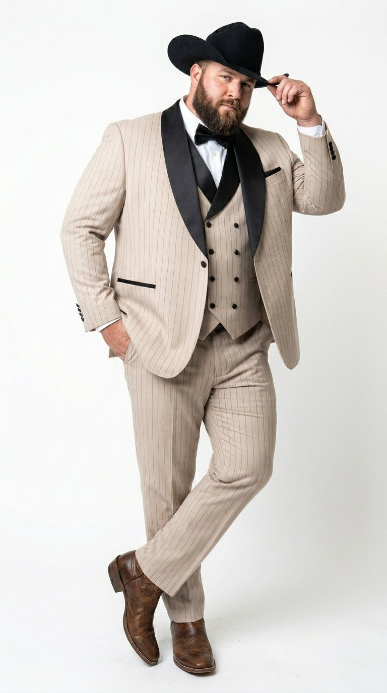 Men’s Beige Pinstripe Western 3 Piece Tuxedo Suit with Black Shawl Lapel, Formal Cowboy Wedding Prom Suit in Tan Khaki Color - 34 Short or Extra Small