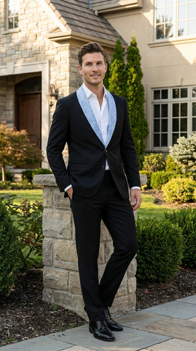 Men’s Black Suit with Light Blue Lapel – Modern Formal Tuxedo Style Suit for Wedding, Prom, Party and Sky Powder Blue Color - 34 Short or Extra Small
